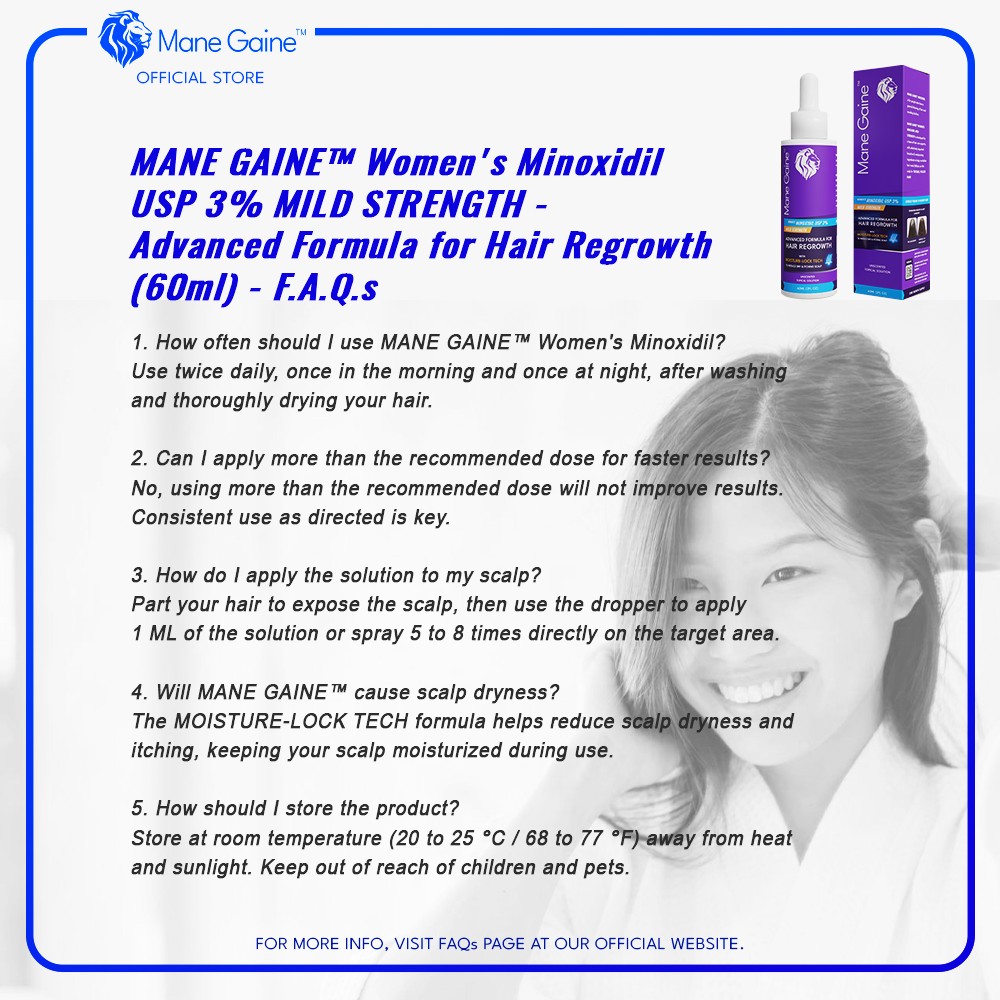 MANE GAINE™ Women's Minoxidil USP 3% MILD STRENGTH - Advanced Formula for Hair Regrowth (60ml)