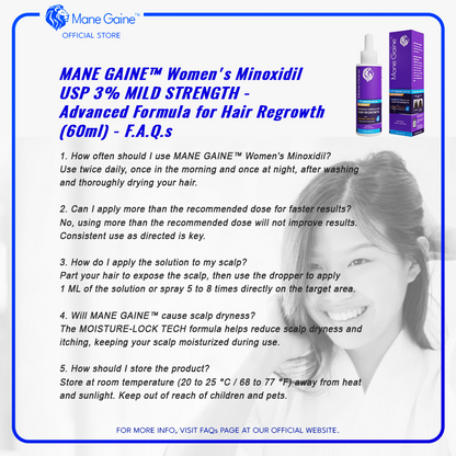 MANE GAINE™ Women's Minoxidil USP 3% MILD STRENGTH - Advanced Formula for Hair Regrowth (60ml)