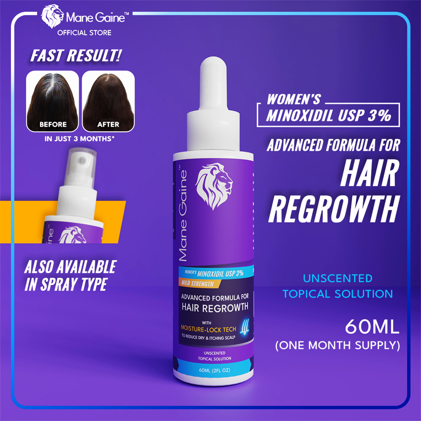 MANE GAINE™ Women's Minoxidil USP 3% EXTRA STRENGTH - Advanced Formula for Hair Regrowth (60ml)